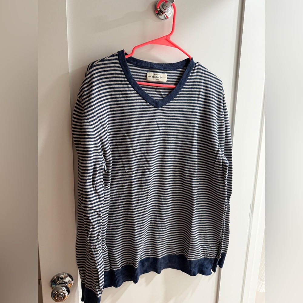 Navy and White Striped V-Neck Sweater